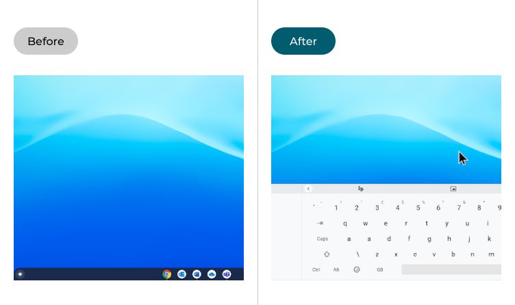 Chrome OS before and after the on-screen keyboard is enabled